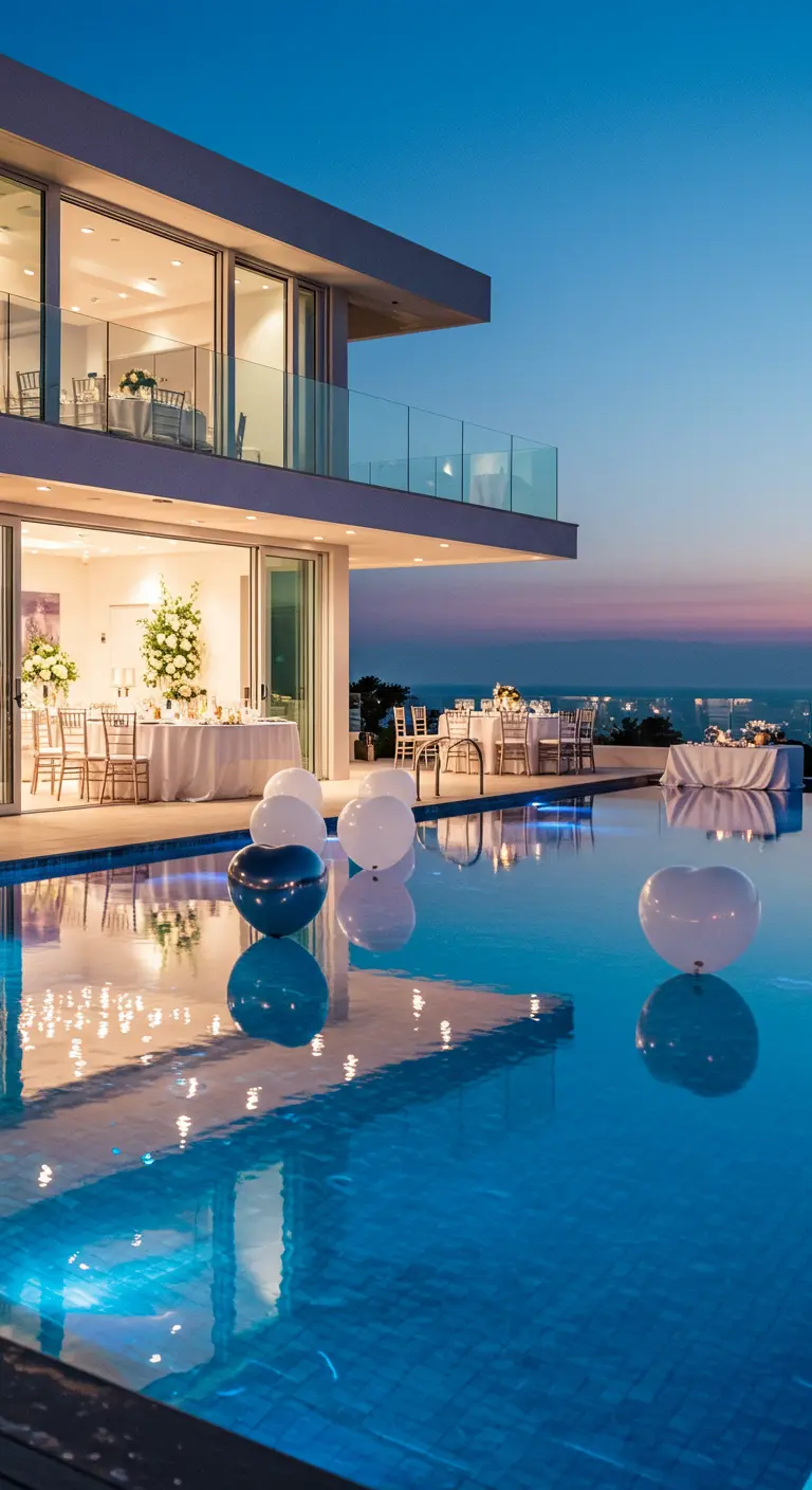 Globos blancos y azules en forma de corazón flotando en una piscina por la noche.