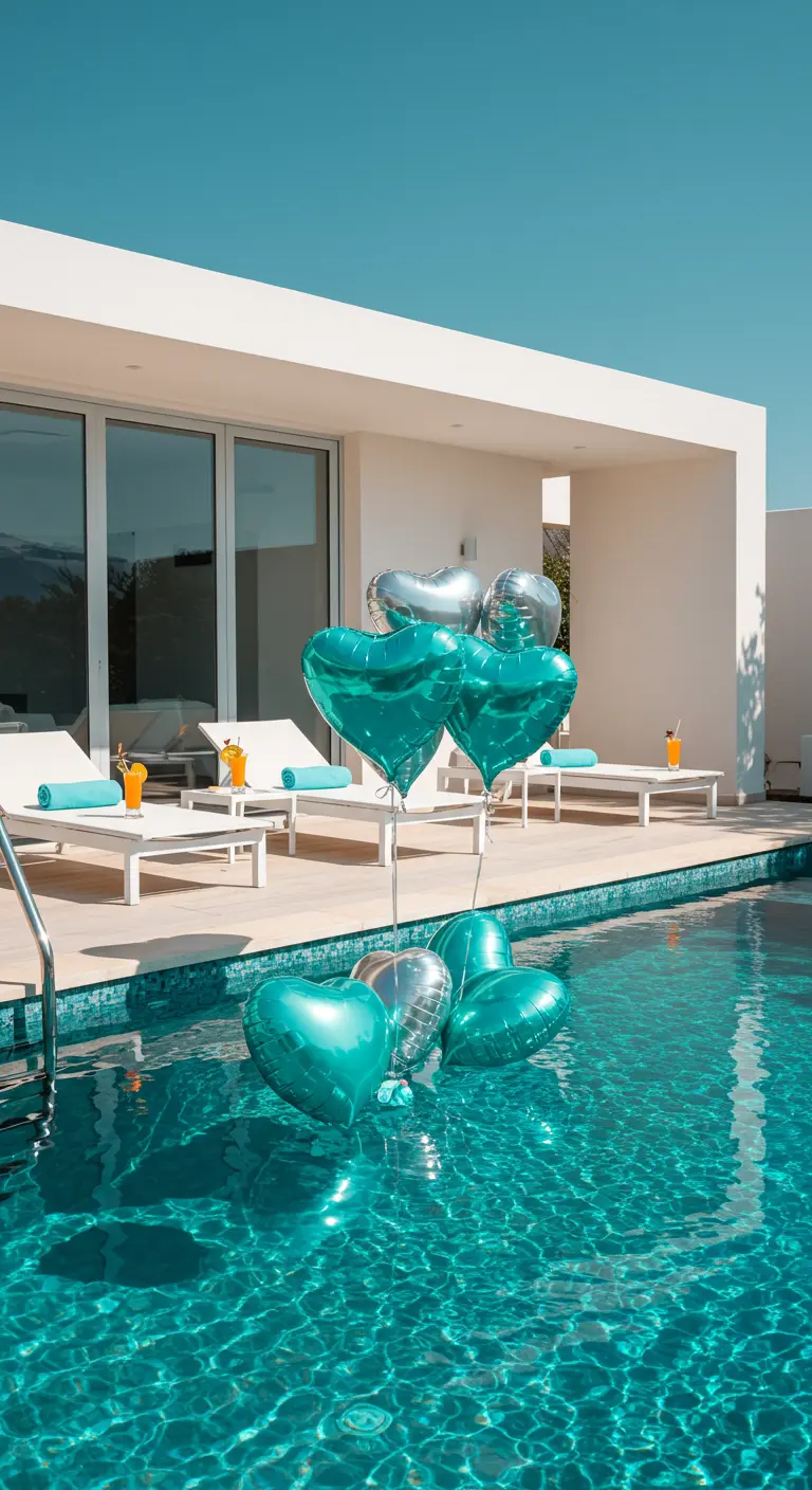 Globos de corazón en color turquesa y plata flotando sobre una piscina.