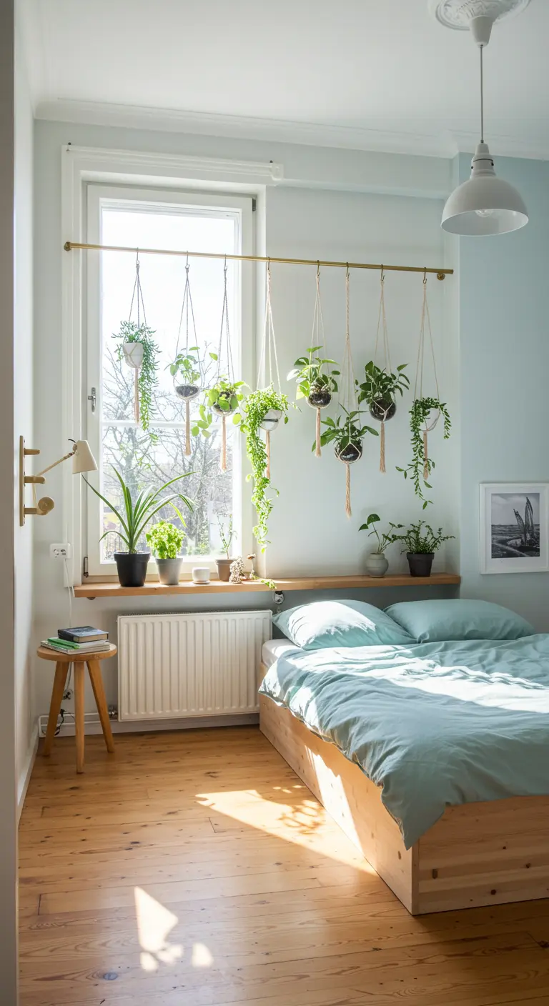 Varias plantas colgando de una barra dorada instalada frente a una gran ventana luminosa.