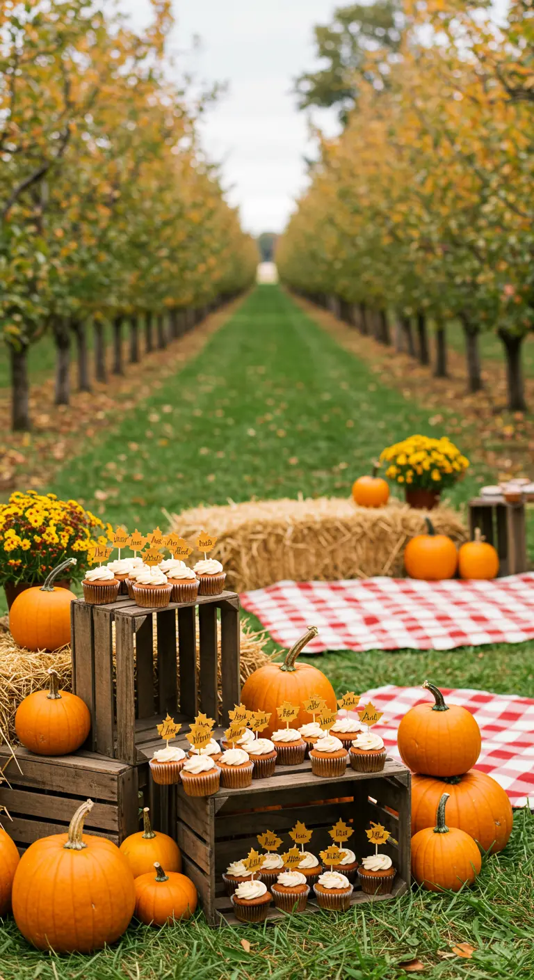 Cupcakes con toppers de hojas de arce dispuestos sobre cajas de madera en un huerto de calabazas.