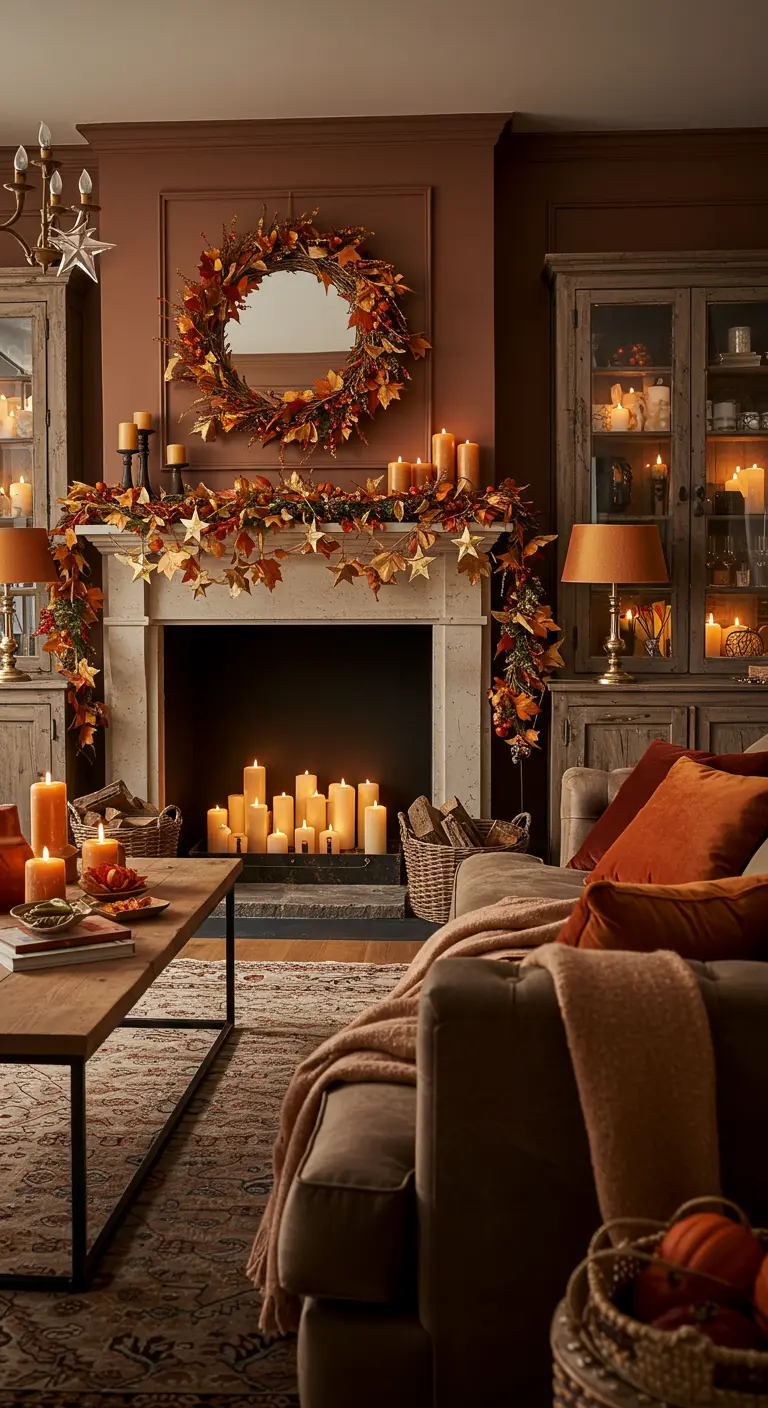 Chimenea decorada para el otoño con una guirnalda de hojas, calabazas y estrellas doradas.