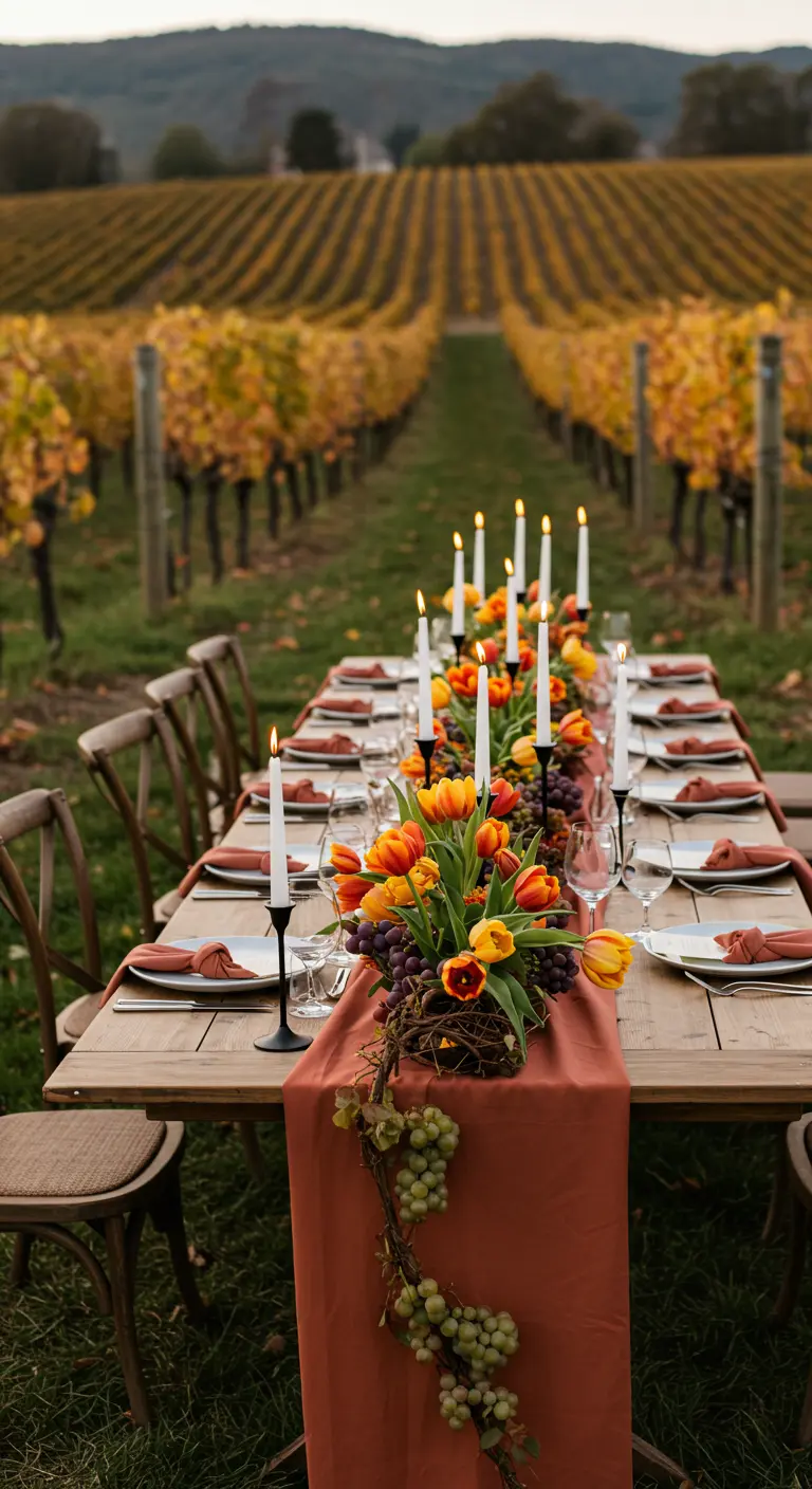 Larga mesa de comedor en un viñedo con un centro de mesa otoñal de tulipanes y uvas.