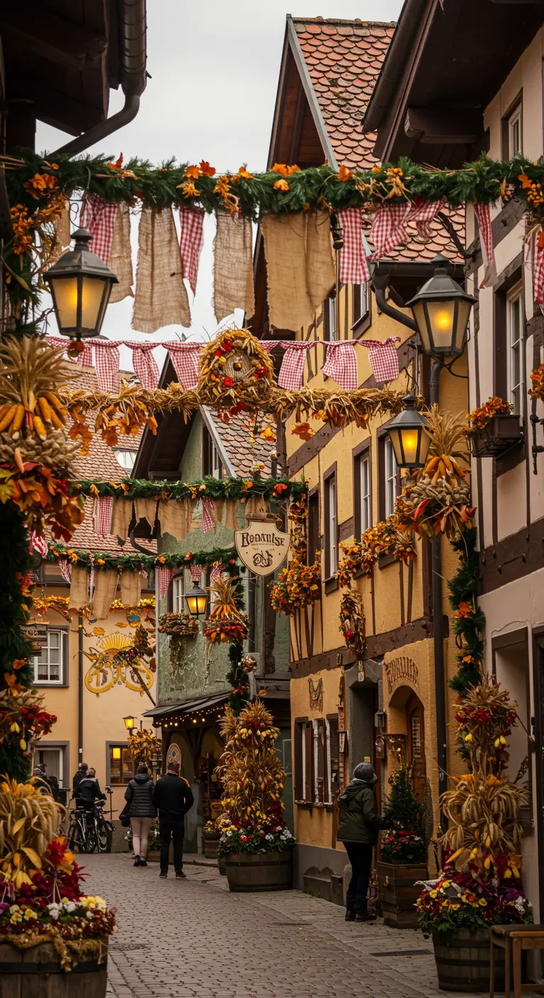 Calle de un pueblo europeo con decoraciones de otoño como maíz y banderines.