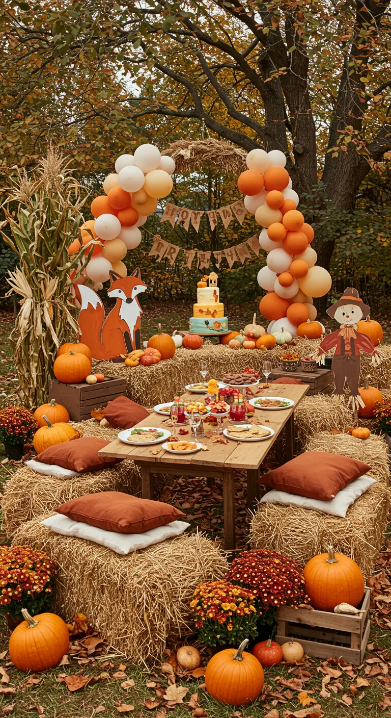 Picnic de cumpleaños de temática otoñal en el bosque con pacas de heno y calabazas.