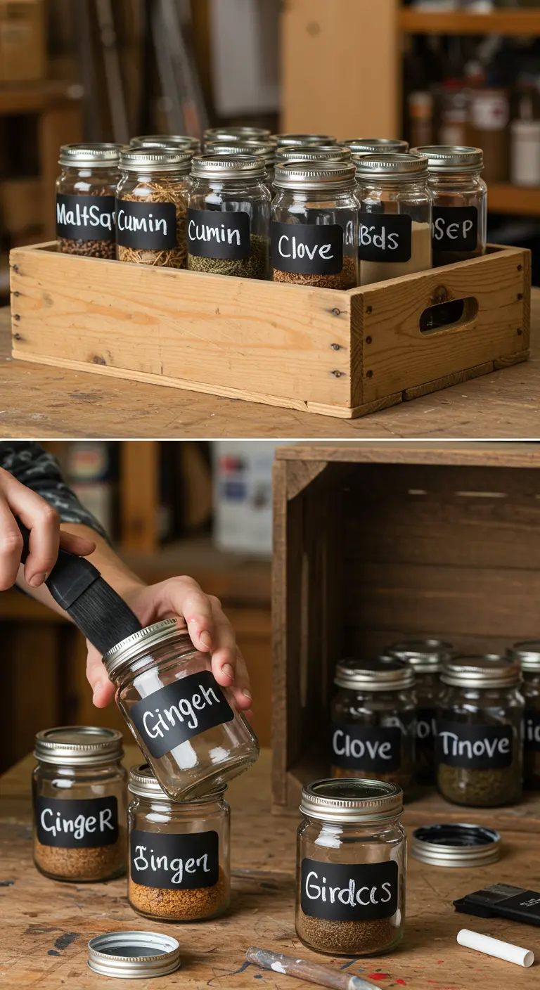 Frascos de especias con etiquetas de pizarra organizados en una caja de madera vintage.