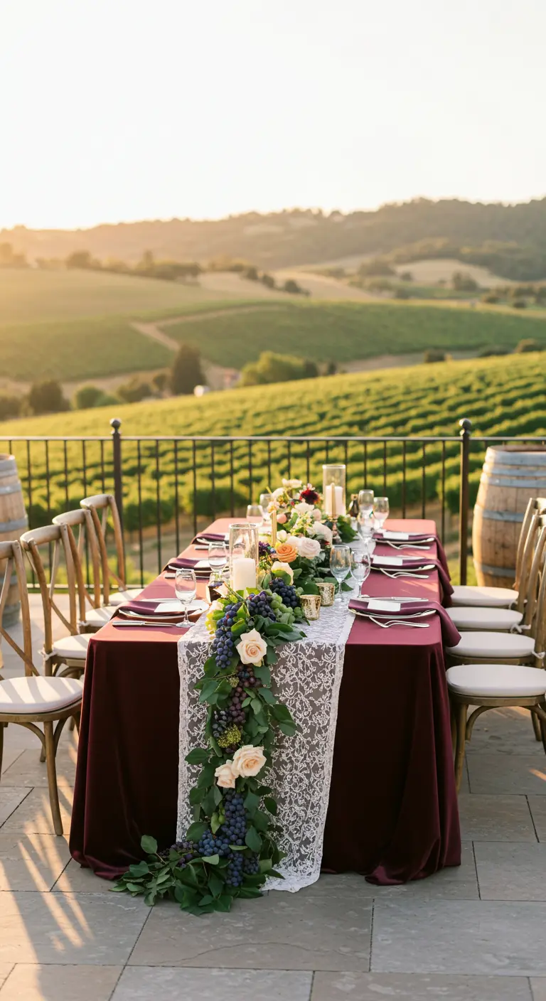 Mesa en un viñedo con mantel de terciopelo y camino de encaje con uvas.