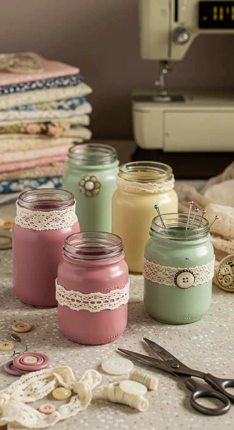 Frascos de colores pastel con encaje y botones, organizando alfileres y otros útiles de costura.