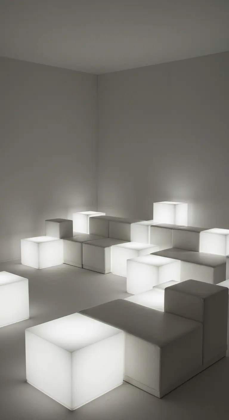 Varios cubos y bloques modulares iluminados desde dentro, dispuestos como asientos y mesas en una sala oscura.