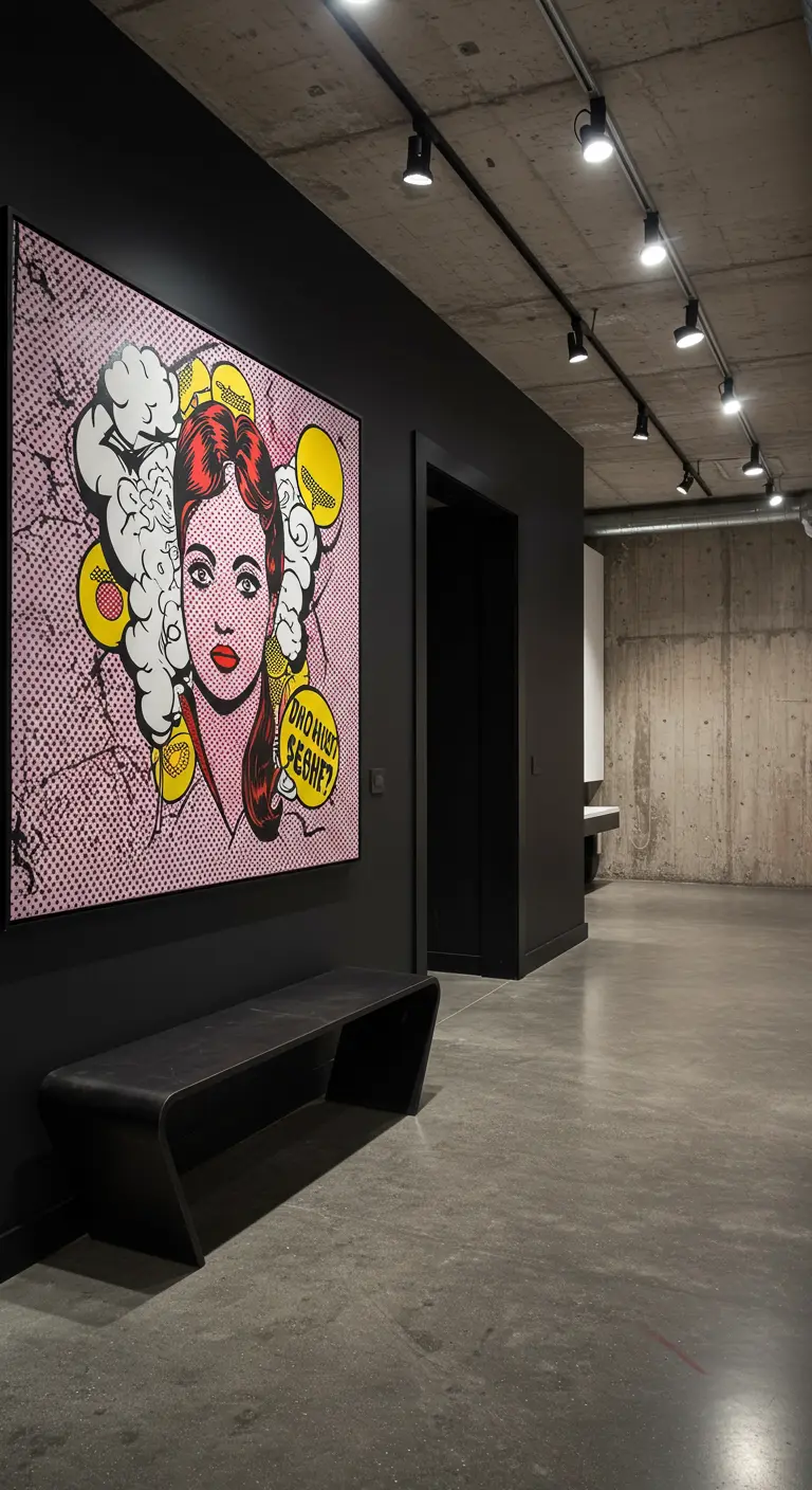 Entrada industrial con paredes negras, una gran obra de Pop Art y un banco de diseño oscuro.