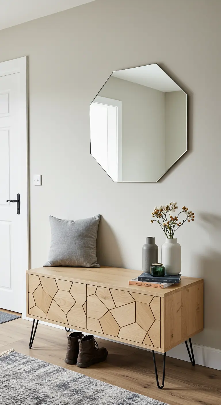 Banco de madera con puertas de patrón geométrico y patas de horquilla de metal.