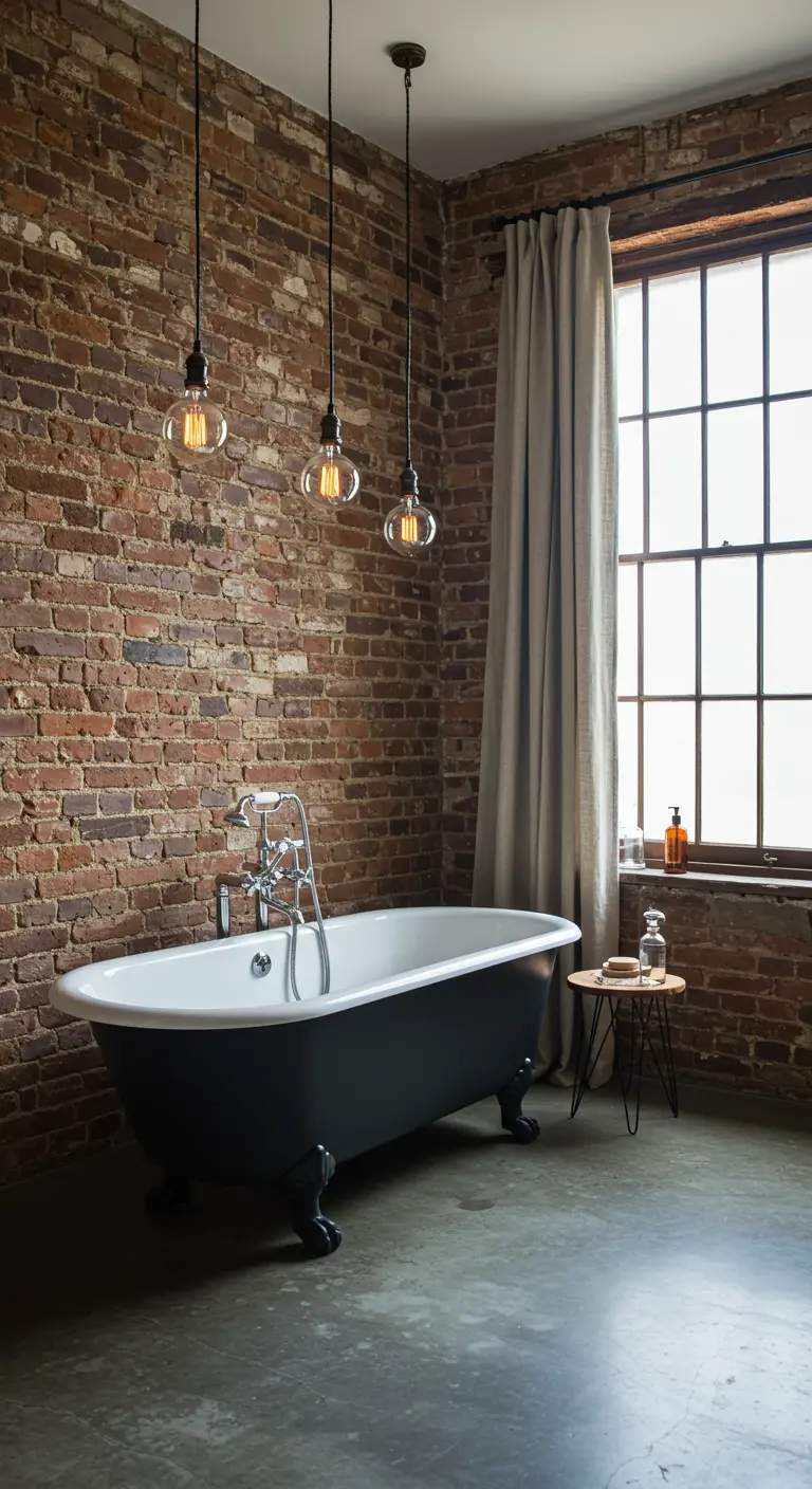 Baño industrial con pared de ladrillo, bañera negra exenta y lámparas colgantes.