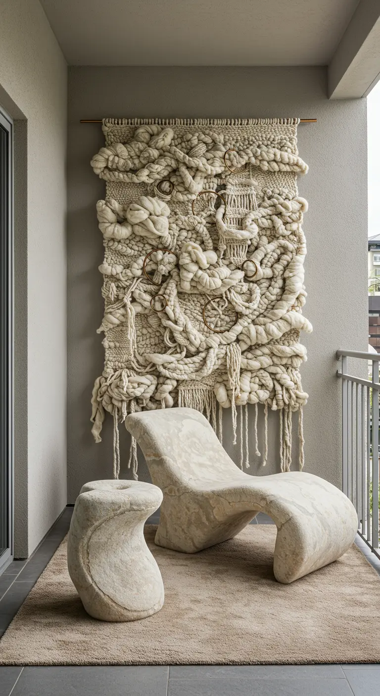 Balcón minimalista con un sillón escultural y un gran tapiz de fibra artística muy texturizado.