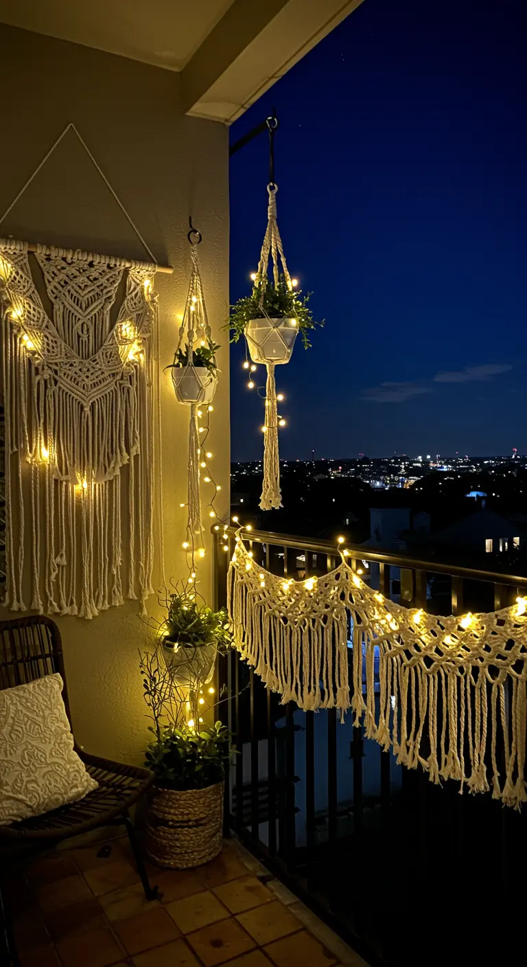 Balcón nocturno donde las luces de hadas se entrelazan con un tapiz y una guirnalda de macramé.