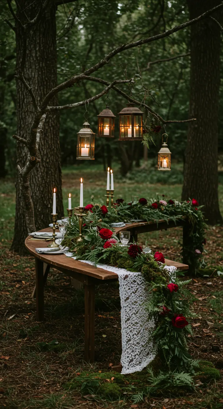 Mesa de boda en el bosque con camino de encaje, rosas rojas y farolillos.