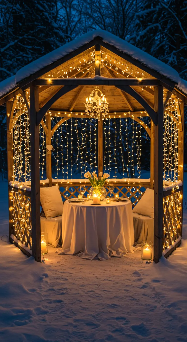 Gazebo en la nieve profusamente decorado con guirnaldas de luces, con una mesa para cenar.