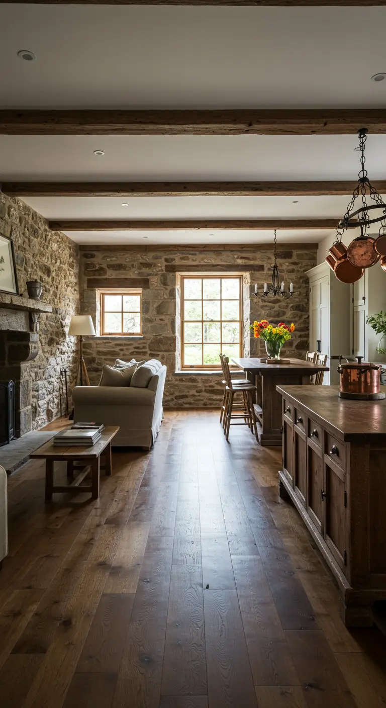 Espacio abierto que combina cocina y salón, con pared de piedra y muebles de madera oscura.