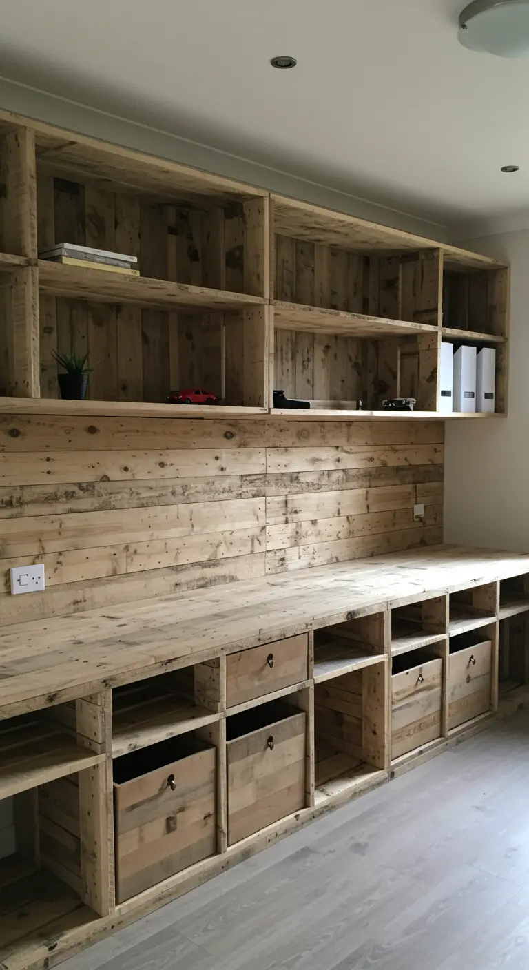 Una pared entera cubierta con estanterías y un escritorio largo, todo construido con madera de palet.