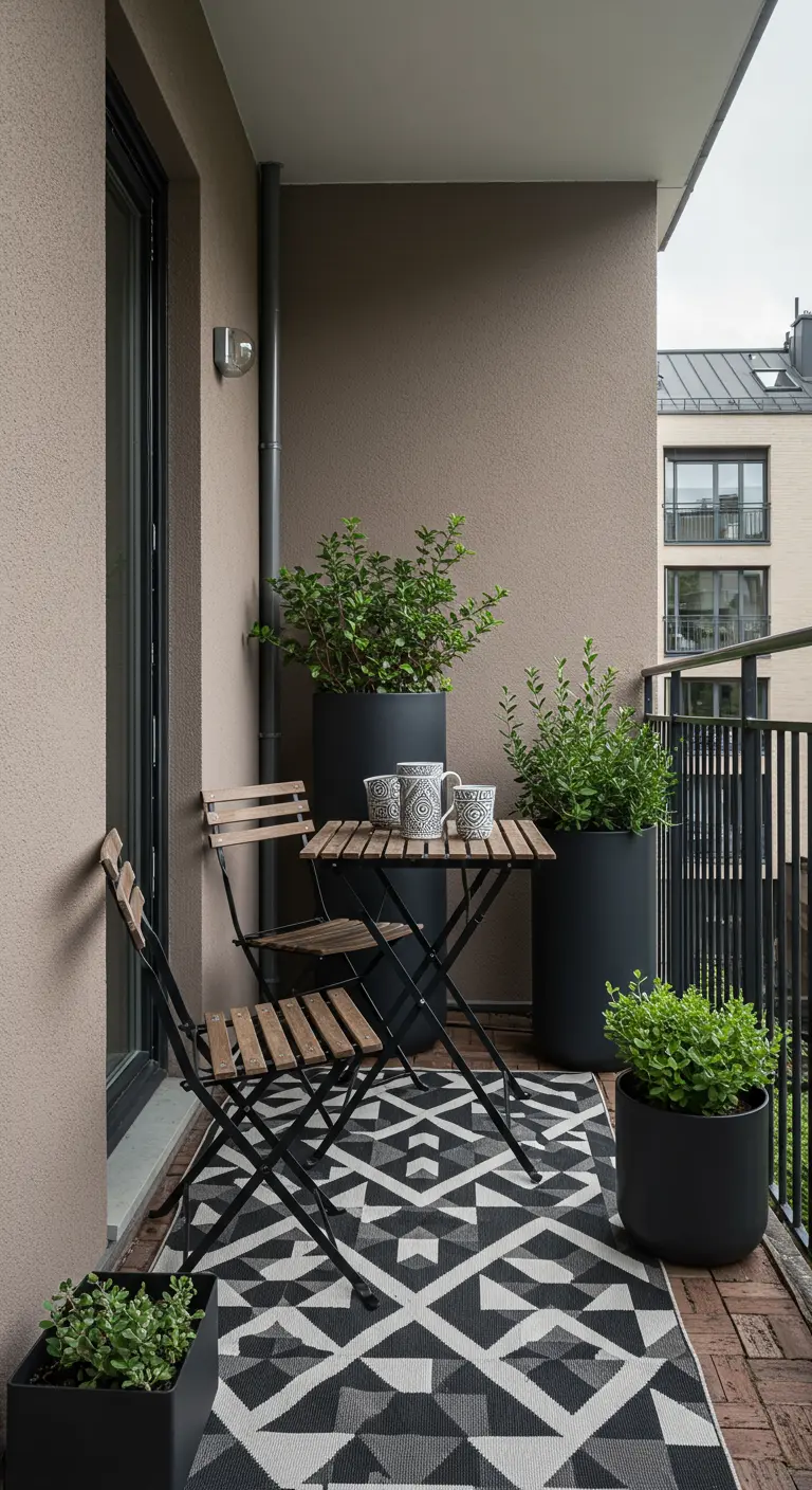 Balcón moderno con muebles de madera y metal sobre una alfombra de exterior con estampado geométrico.
