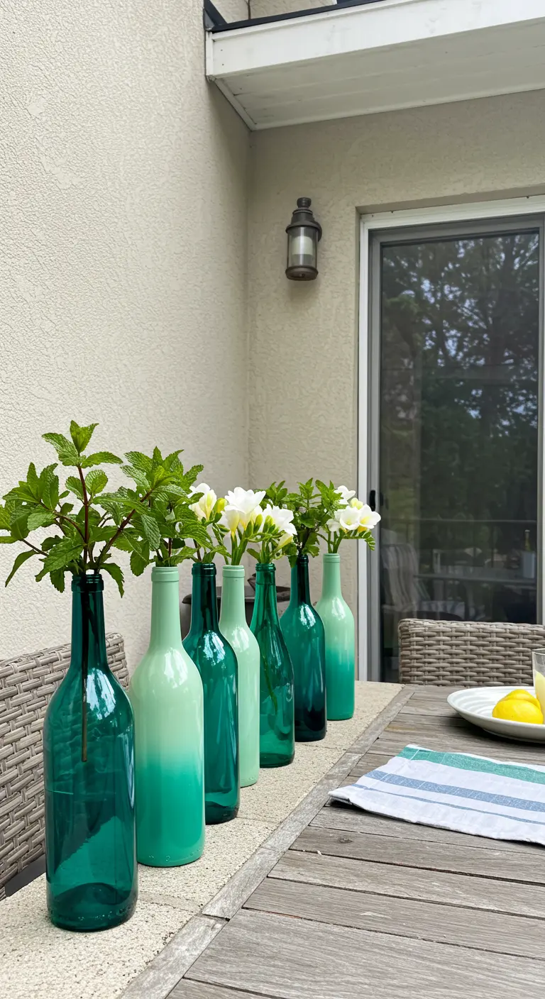 Botellas de vino de color verde con un degradado de pintura blanca en la parte superior.