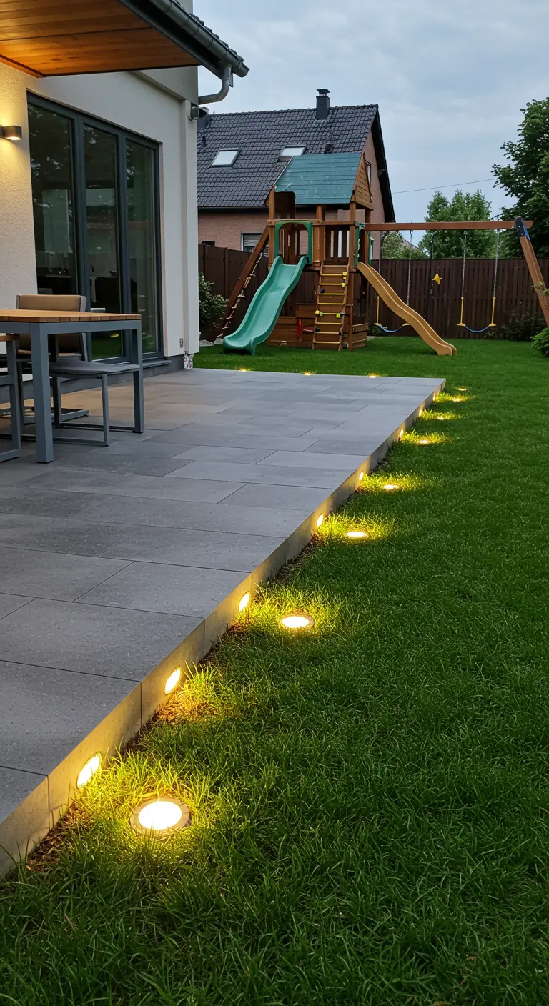 Borde de una terraza de baldosas grises que se encuentra con el césped, iluminado con una fila de focos redondos empotrados