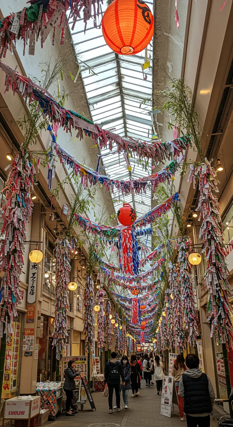 Galería comercial japonesa decorada con coloridas tiras de papel y farolillos.