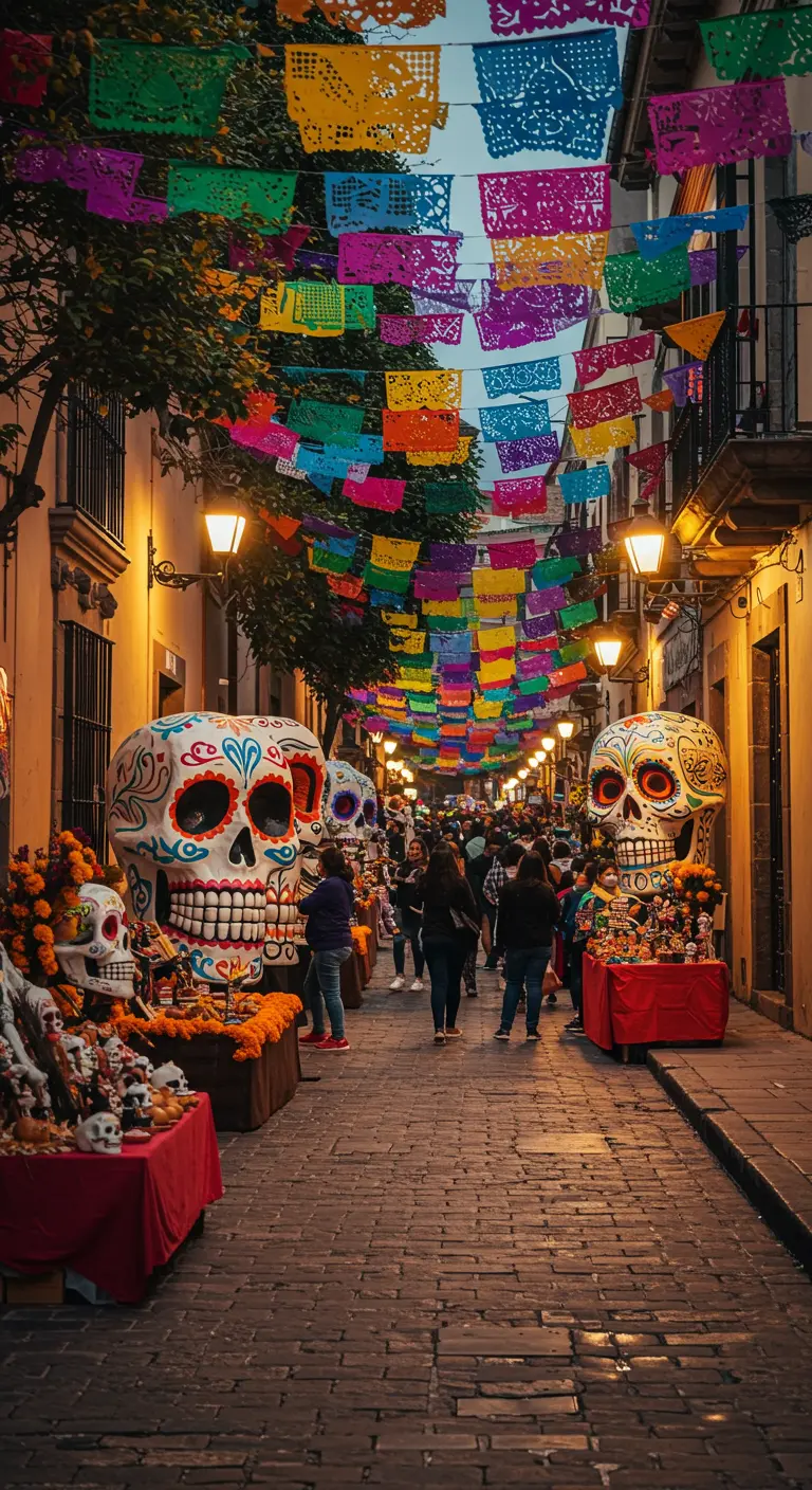 Calle peatonal llena de gente con calaveras gigantes y papel picado.