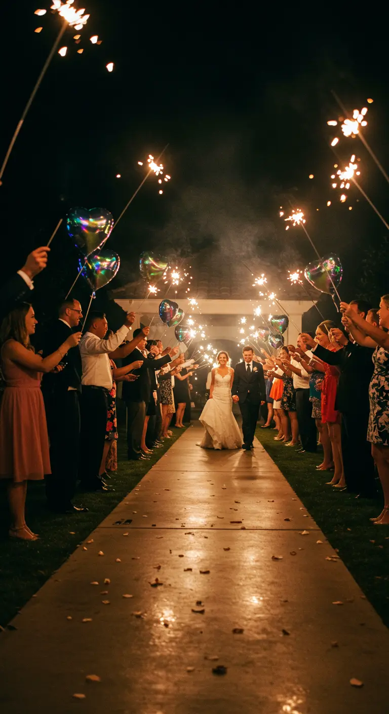 Pareja de novios caminando por un pasillo de invitados con bengalas y globos de corazón.