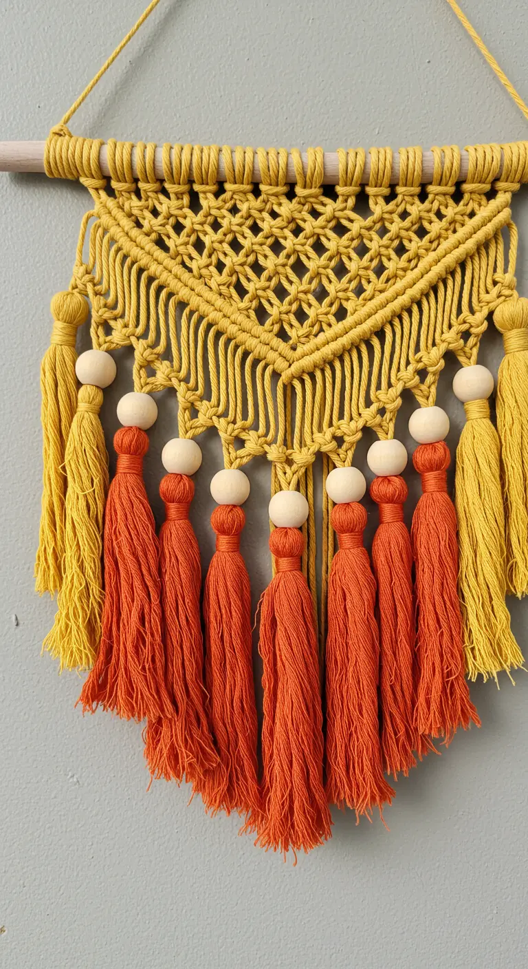 Detalle de un tapiz de macramé mostaza con borlas naranjas y grandes cuentas de madera natural.