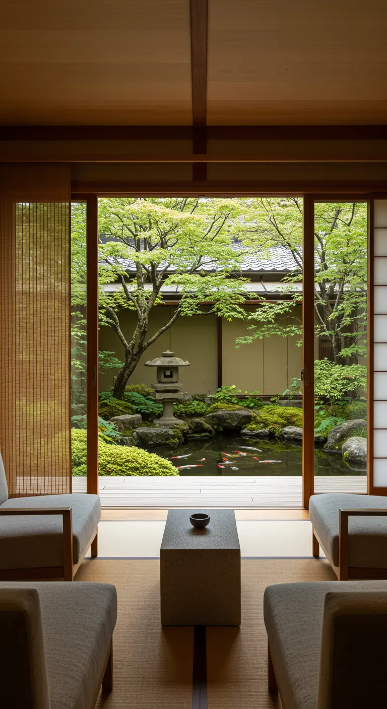 Sala de estar con vistas a un jardín japonés tradicional con estanque y linterna de piedra.