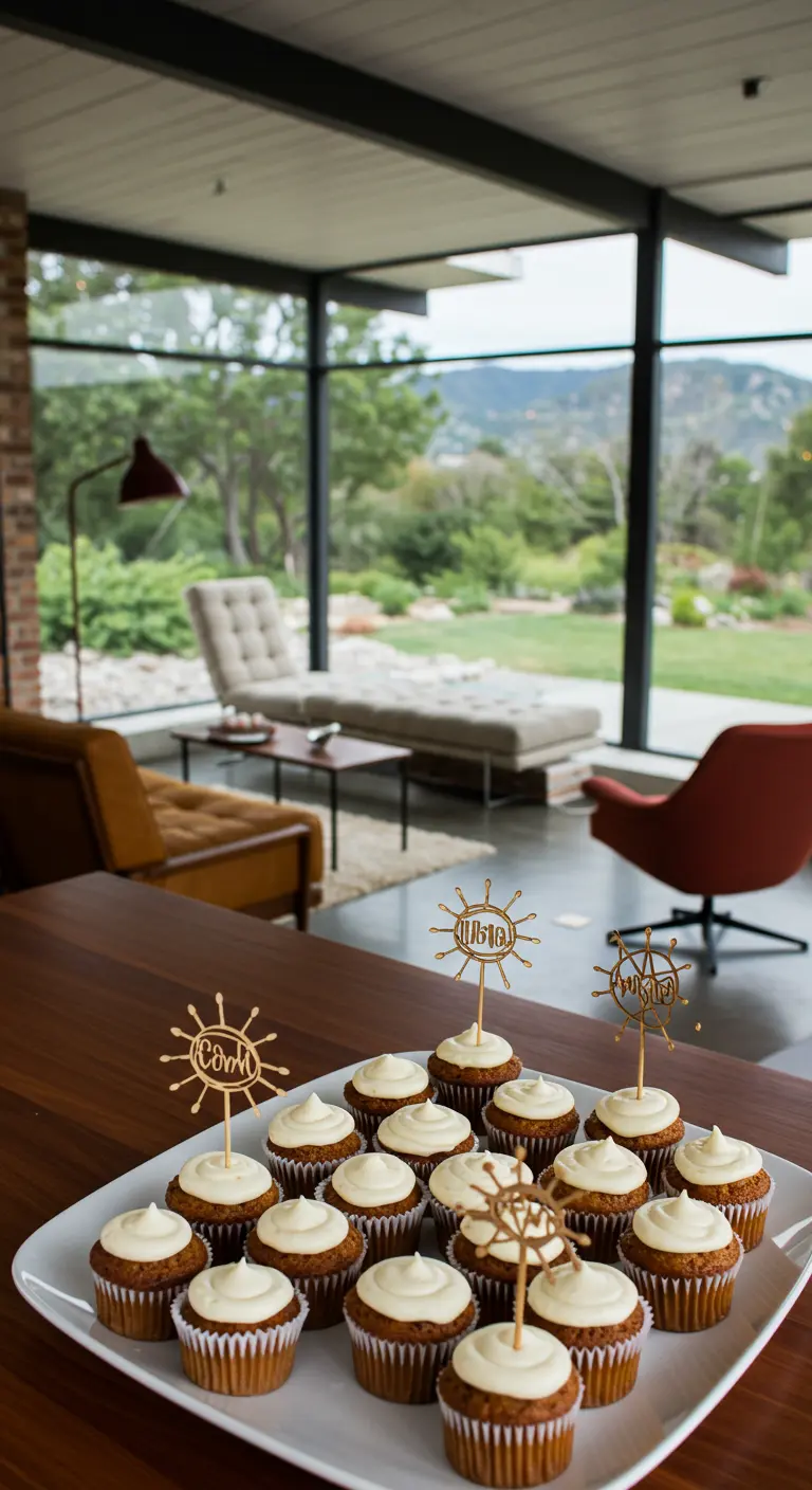 Cupcakes con toppers dorados de estilo Mid-Century Modern en una sala de estar de diseño.