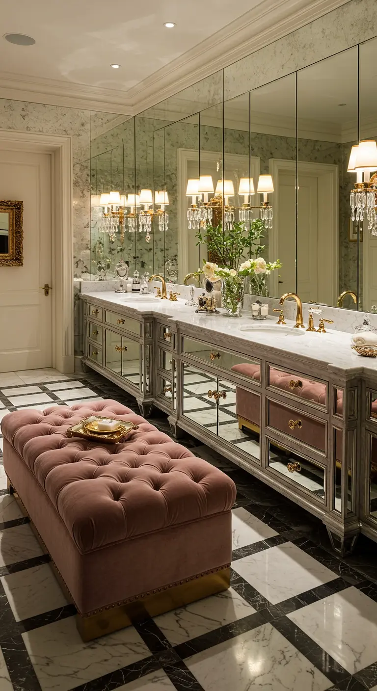 Baño opulento con mueble de espejo, gran otomana de terciopelo rosa y lámparas de cristal.