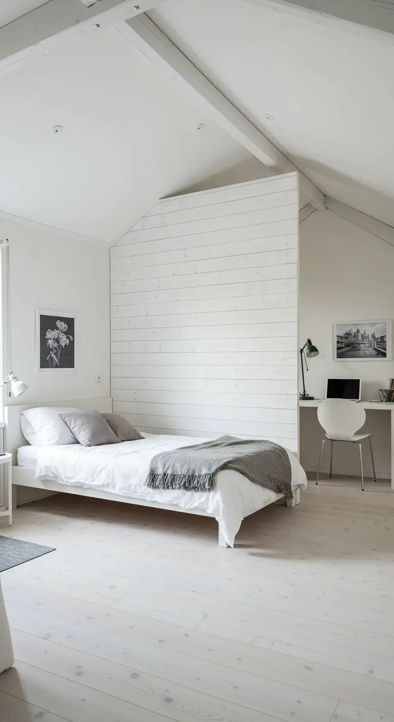 Dormitorio con un tabique de shiplap que separa la cama de una zona de escritorio.
