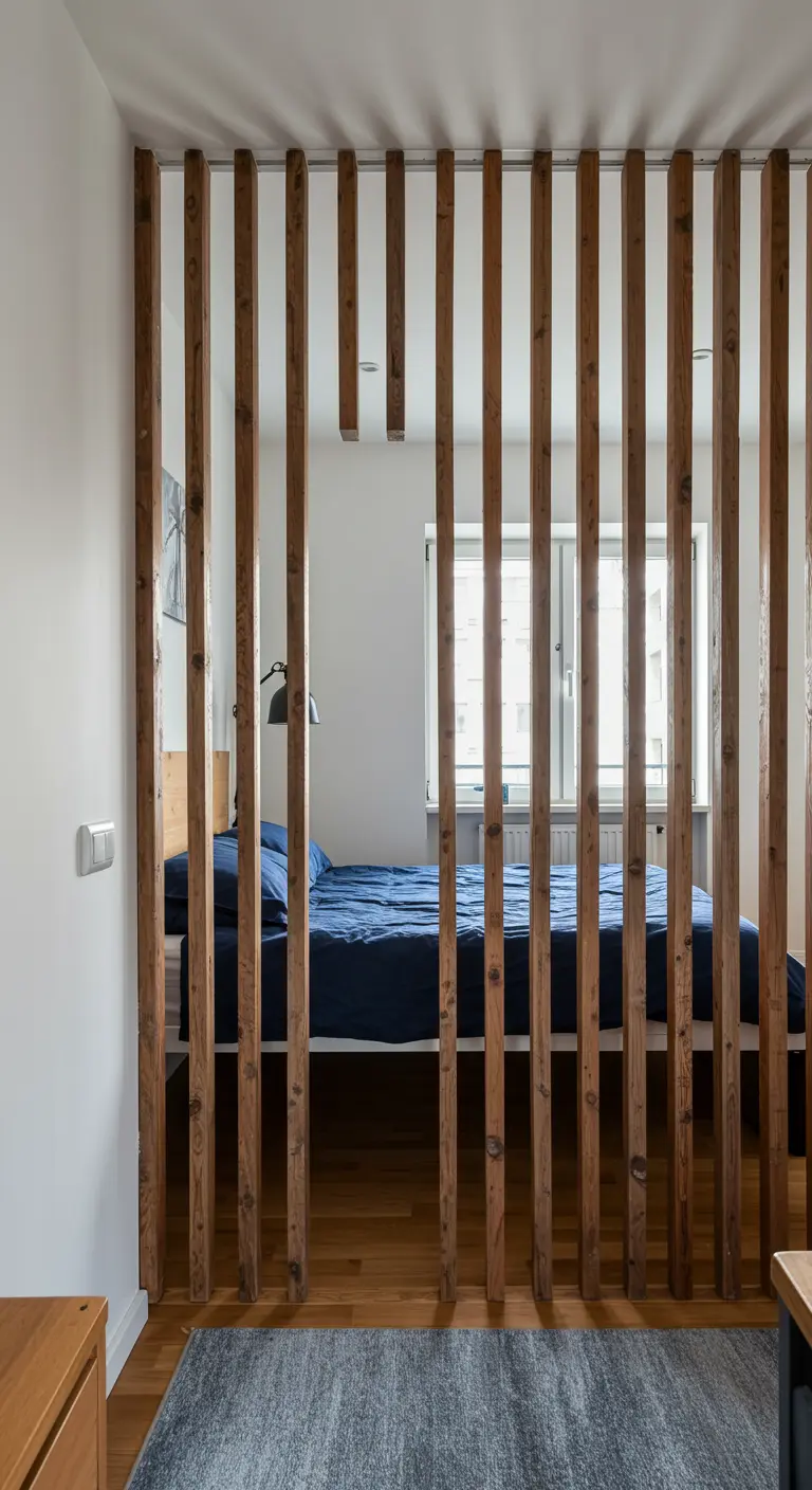 Separador de ambientes hecho con listones verticales de madera en un dormitorio moderno.