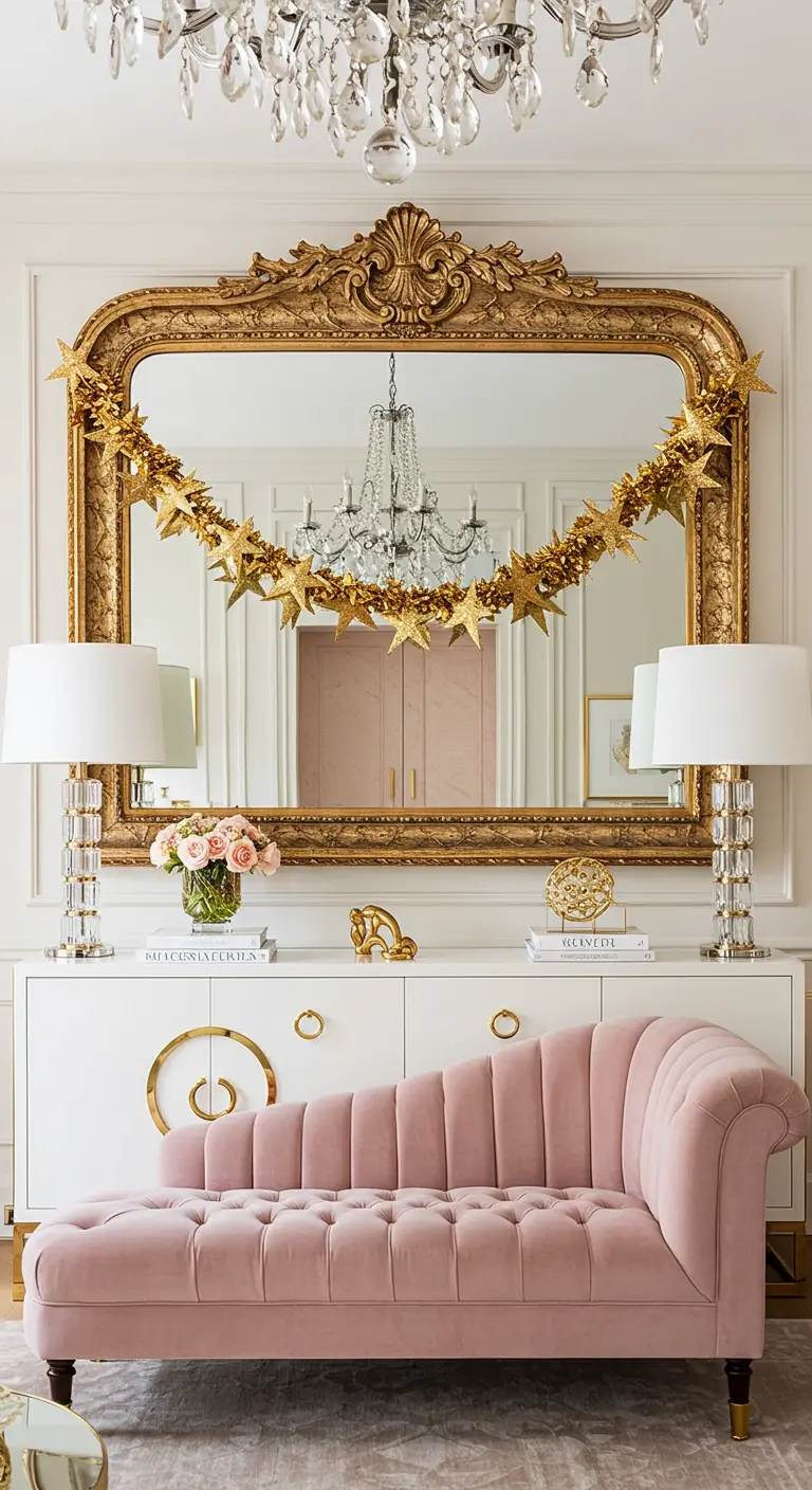 Espejo dorado ornamentado con una guirnalda de estrellas doradas con textura.