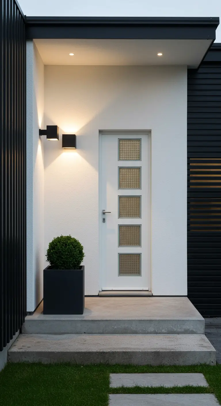 Entrada moderna en blanco y negro con una maceta cuadrada negra y apliques de luz cúbicos