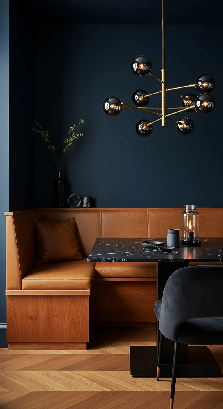 Comedor oscuro y elegante con banco de cuero coñac y lámpara Sputnik de latón