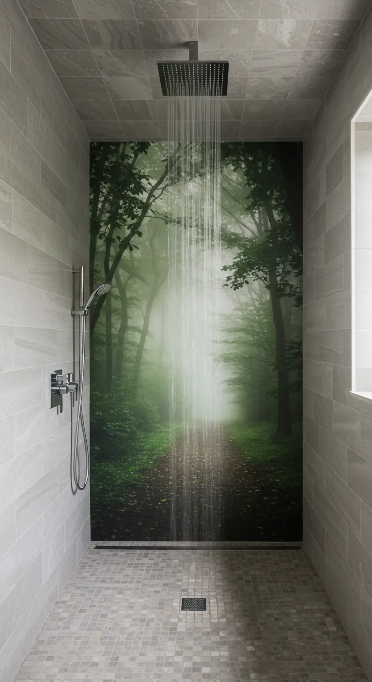 Ducha moderna con un panel mural que muestra un camino en un bosque con niebla.