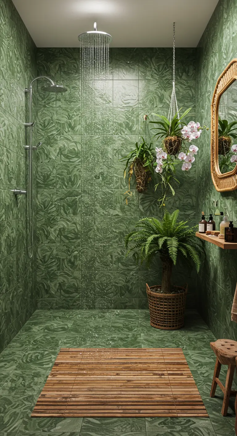 Ducha completamente alicatada con azulejos de hojas verdes, con plantas y una alfombrilla de bambú.