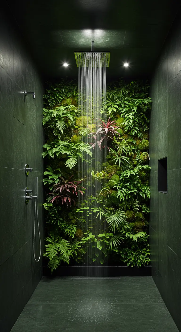 Ducha moderna con una pared de jardín vertical y un cabezal de ducha tipo lluvia.