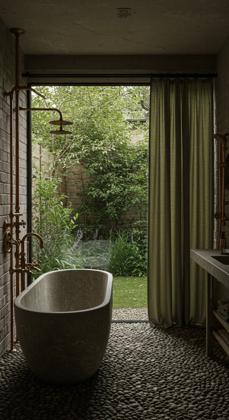 Baño que se abre a un jardín, con suelo de guijarros y cortina de lino verde oliva.
