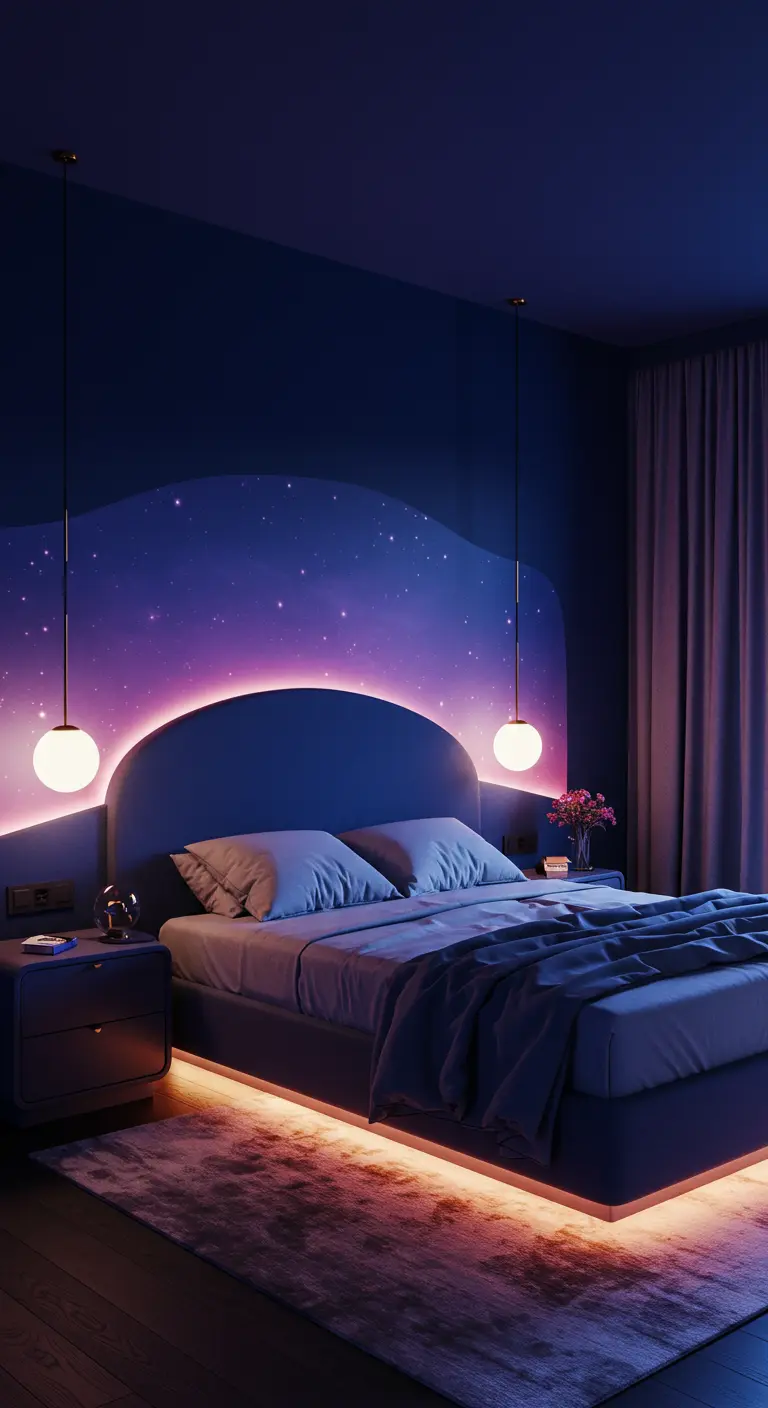 Dormitorio temático con un mural de cielo nocturno y una luz LED arqueada sobre la cama.
