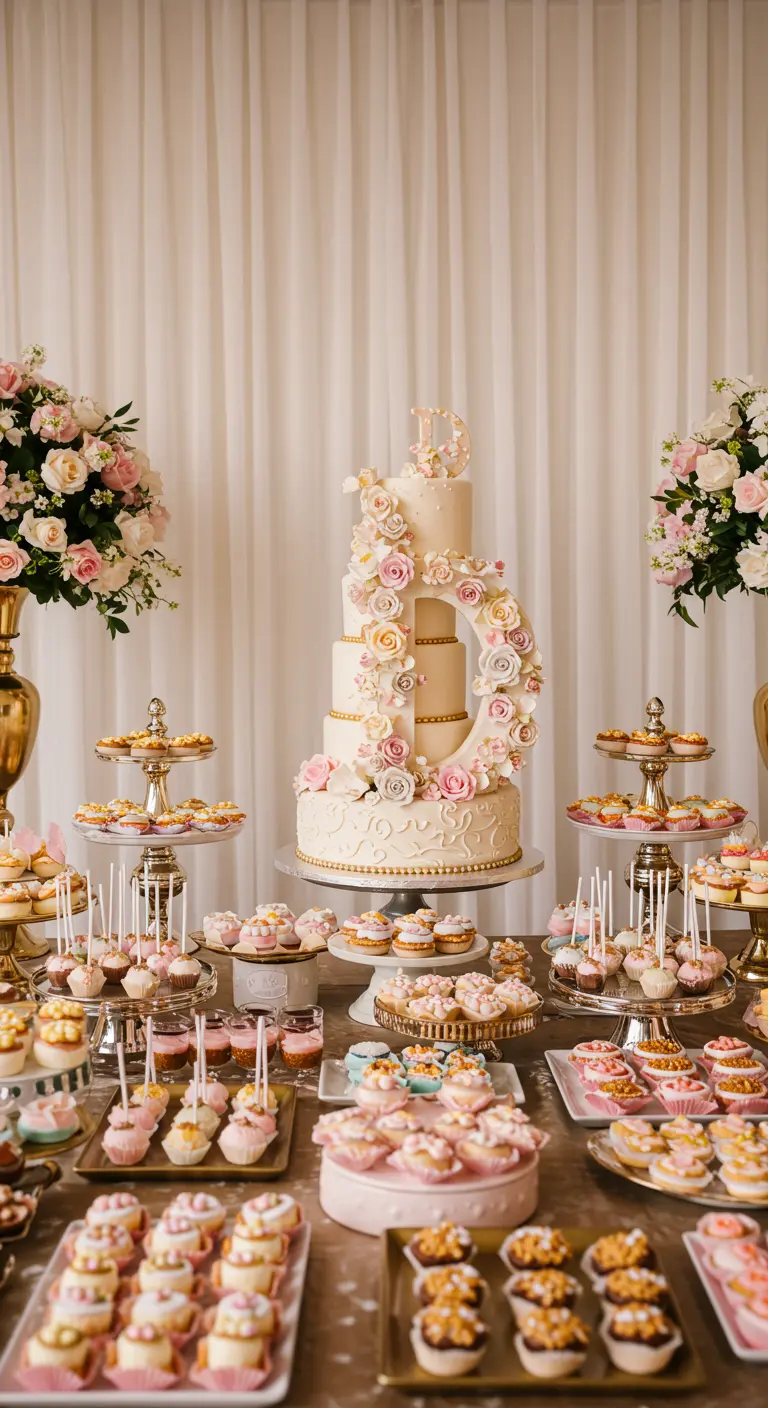 Tarta de varios pisos decorada con flores y un topper dorado con la letra 'D'.