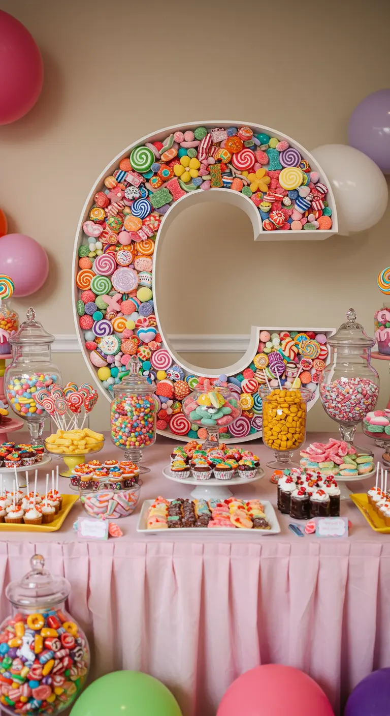 Letra 'C' gigante blanca rellena de caramelos y golosinas de todos los colores.