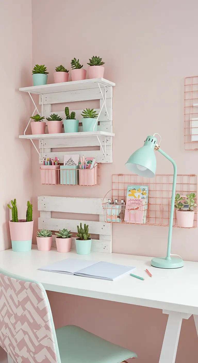 Rincón de estudio en tonos pastel con estanterías de palet blanco y accesorios de color menta y rosa.