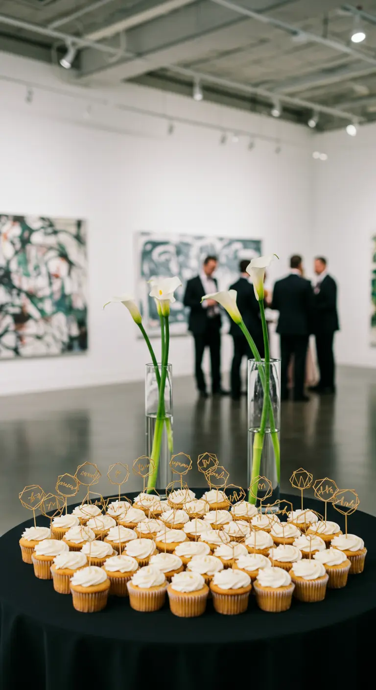 Cupcakes con toppers geométricos dorados en una mesa negra de una galería de arte.