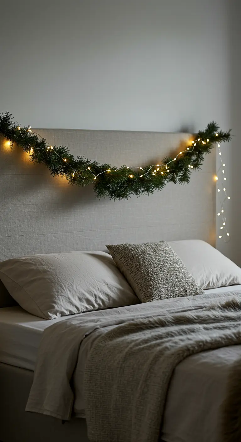 Una guirnalda de pino con luces cálidas cuelga sobre el cabecero de una cama acogedora.