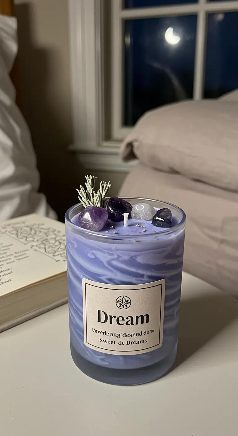 Vela de color lavanda con efecto mármol y cristales de amatista en una mesita de noche.