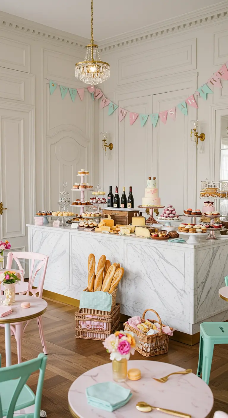 Buffet de mármol blanco en una sala parisina con decoración en tonos pastel.
