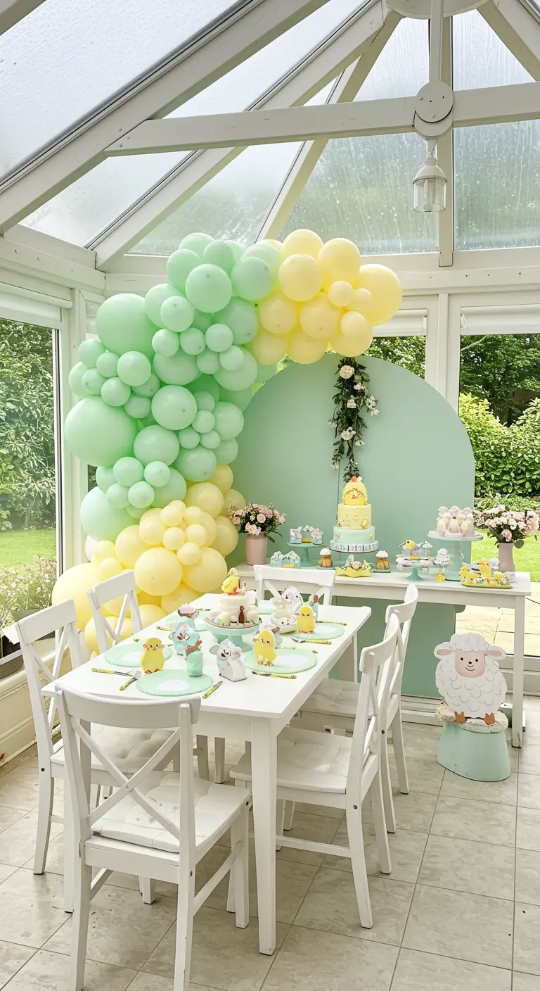 Fiesta de cumpleaños en un invernadero con decoración en tonos pastel y un arco de globos.