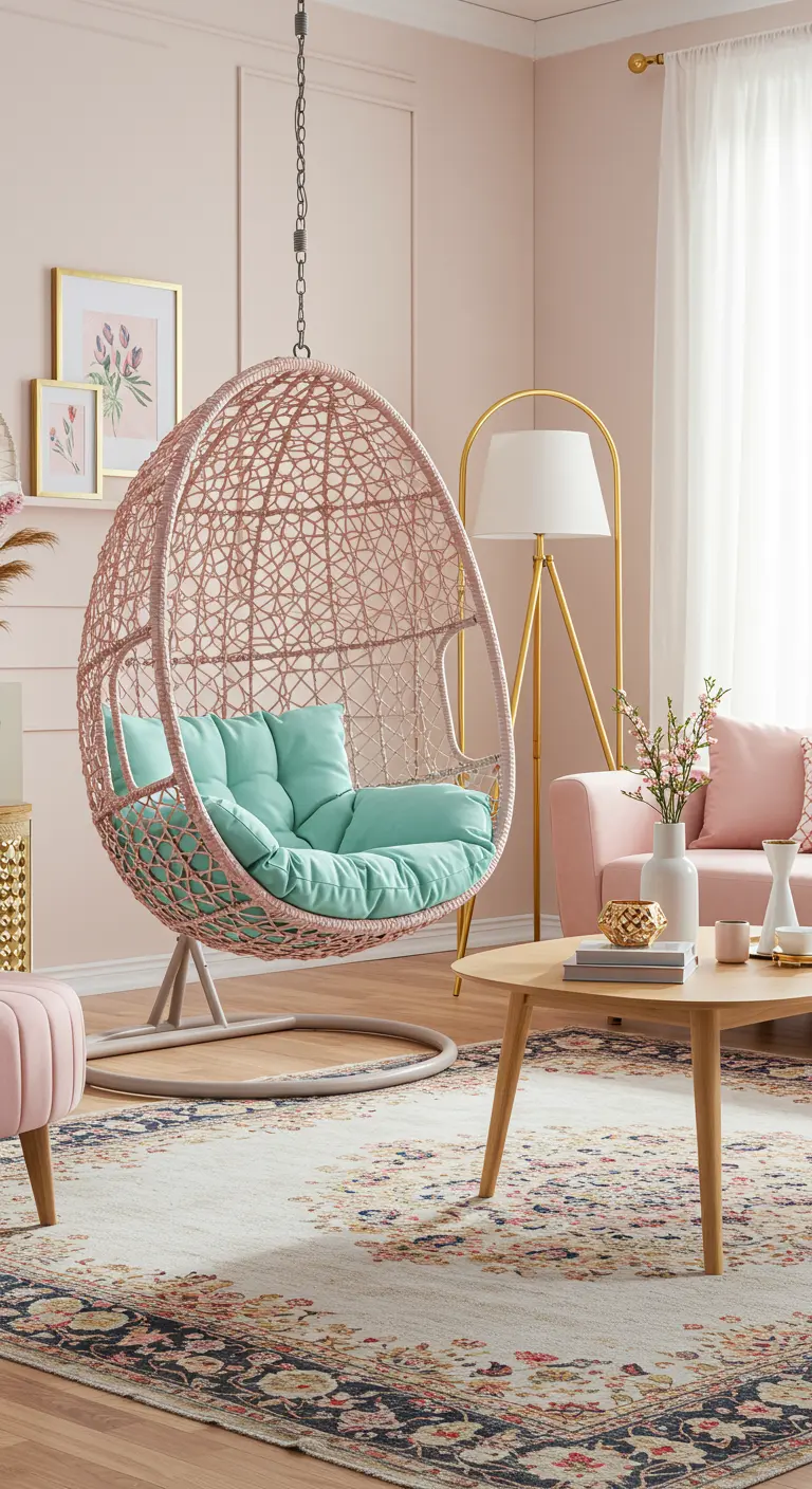 Sillón colgante rosa con cojines verde menta en un salón con detalles dorados.